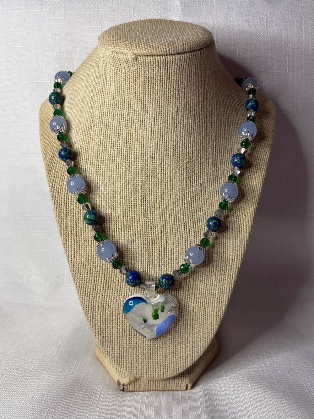 Handcrafted Murano Heart w/Chalcedony, Azurite, and Crystal Necklace